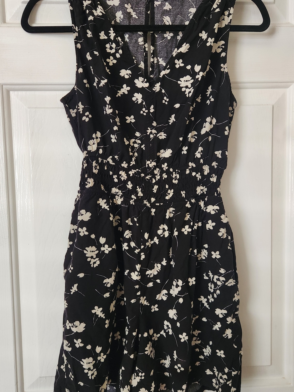 GAP Smocked V-Neck Romper Black with White Floral Print